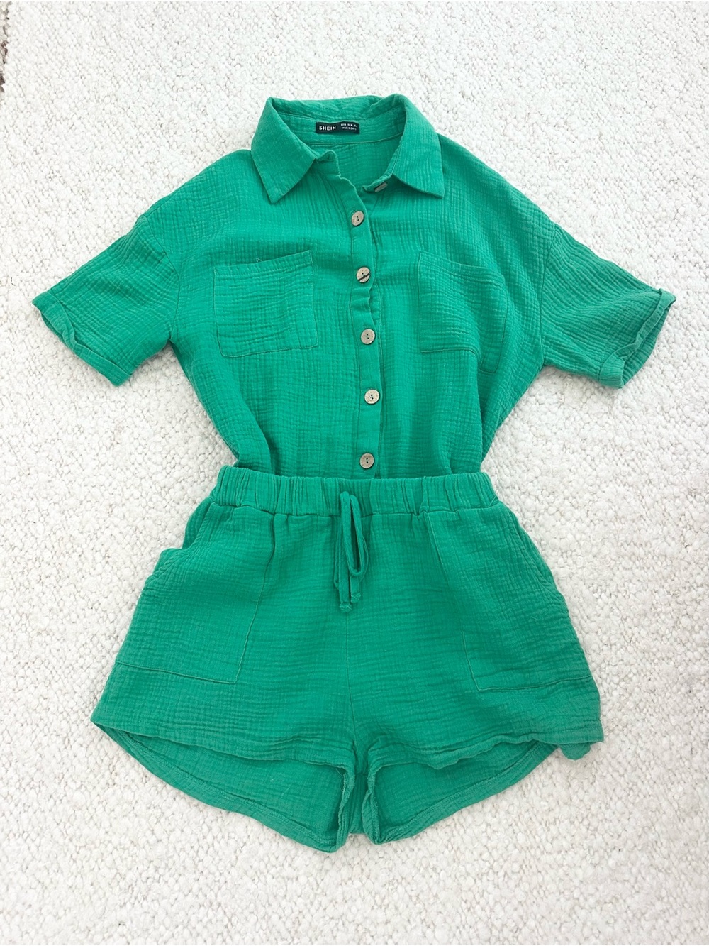 SHEIN Green Gauze Matching Set — Button-Up Top & Drawstring Shorts 💚